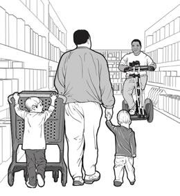 Drawing of a man with two small children and a person using a Segway<sup>®</sup> passing in a store aisle