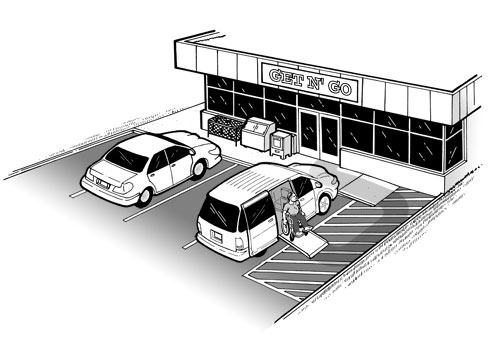 An illustration showing the front of a convenience store with four parking spaces.  One parking space is a van-accessible space.