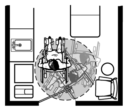 Plan view of an exam room showing a circular turning space at the end of the exam table and next to the entry door.