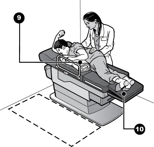 Drawing showing illustrating features 9 and 10 of a woman lying on her side on an exam table and being examined by a doctor.