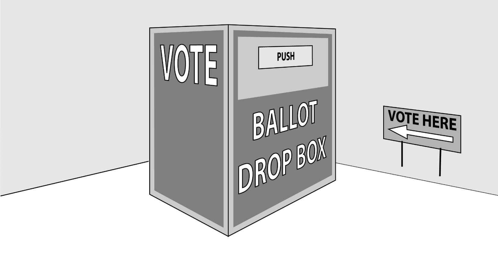 image of a ballot drop box and a "Vote Here" sign
