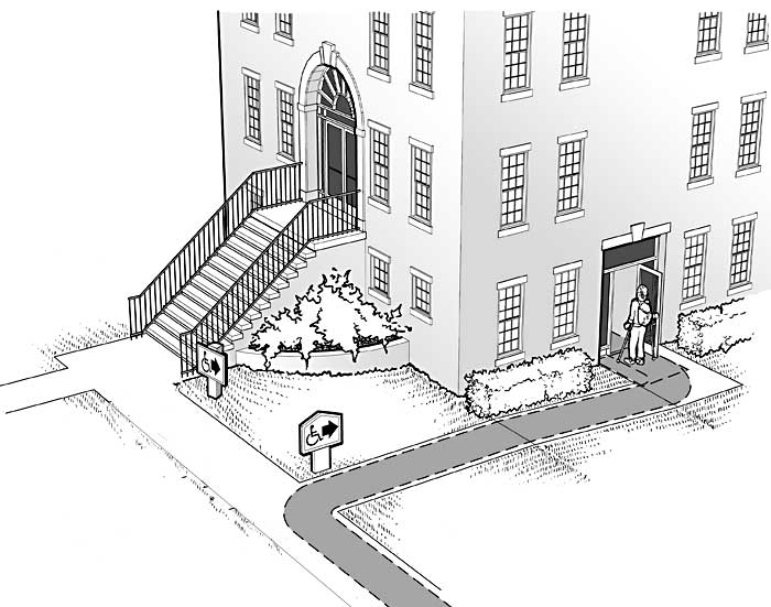 illustration of a polling place with signage indicating an accessible entrance