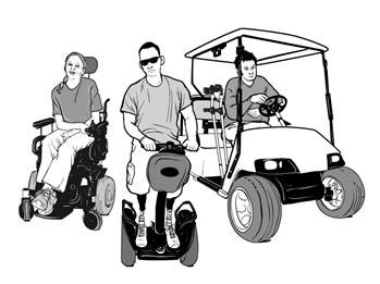 Drawing of a person in a power wheelchair, a man on a Segway<sup>®</sup>, and a person sitting in a golf car