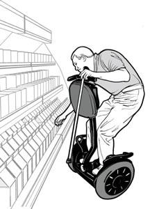 Drawing of a person using a Segway<sup>®</sup> reaching for an item in a grocery store cooler