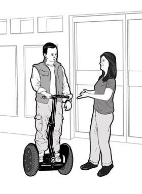 Drawing of a store employee having a conversation with a person using a Segway<sup>®</sup>