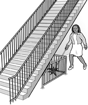 illustration of a person walking with a walking stick toward staircases