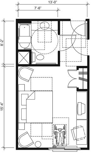 This drawing shows an accessible 13-foot wide guest room with features that comply with the 2010 Standards.