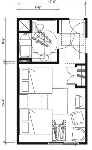 This drawing shows an accessible 13-foot wide guest room with features that comply with the 2010 Standards.