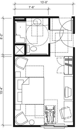 This drawing shows an accessible 13-foot wide guest room with features that comply with the 2010 Standards.