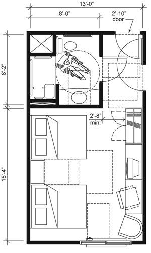 This drawing shows an accessible 13-foot wide guest room with features that comply with the 2010 Standards.