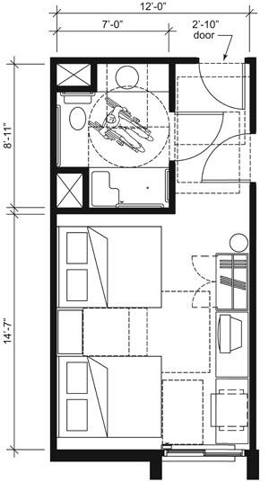 This drawing shows an accessible 12-foot wide guest room with features that comply with the 2010 Standards.