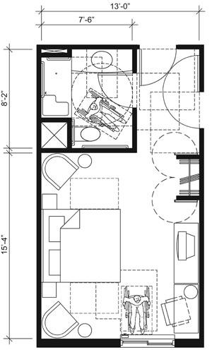 This drawing shows an accessible 13-foot wide guest room with features that comply with the 2010 Standards.