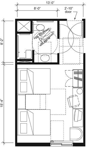 This drawing shows an accessible 13-foot wide guest room with features that comply with the 2010 Standards.