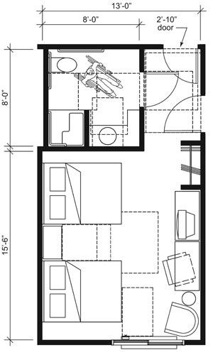 his drawing shows an accessible 13-foot wide guest room with features that comply with the 2010 Standards.