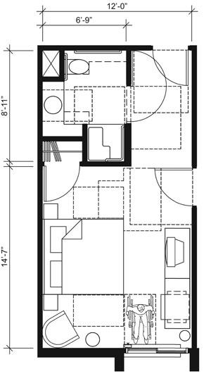 This drawing shows an accessible 12-foot wide guest room with features that comply with the 2010 Standards.