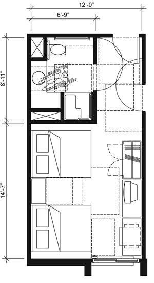 This drawing shows an accessible 12-foot wide guest room with features that comply with the 2010 Standards.