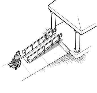 illustration of a portable ramp with edge protection and handrails is placed over stairs to provide an accessible route on Election Day