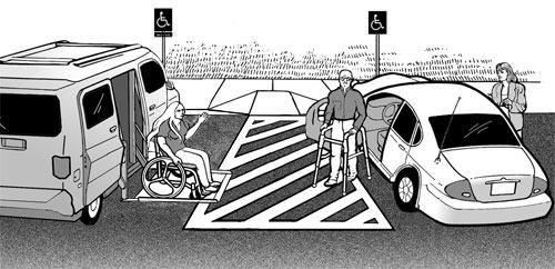 An illustration showing a van-accessible parking space sharing an access aisle with an accessible parking space for a car