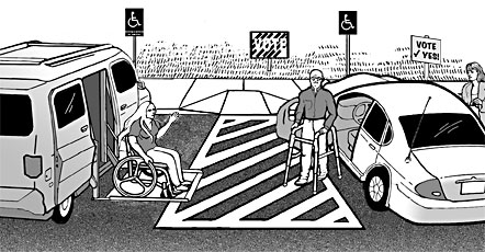 illustration of a van accessible parking space and a car parking space share an access aisle
