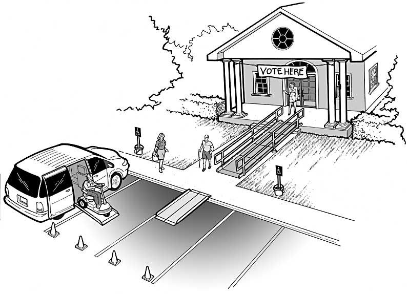 illustration of three standard parking spaces converted into a van accessible space using cones and a temporary ramp