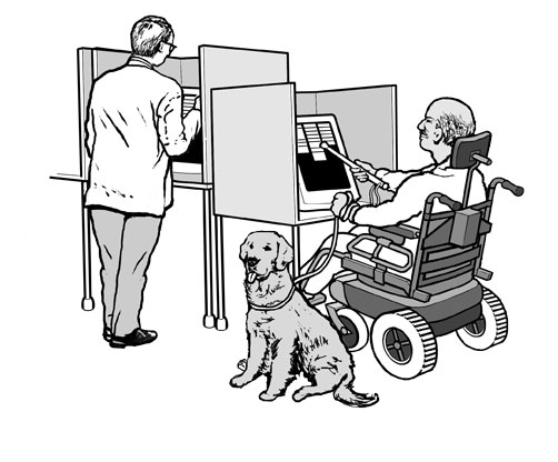 illustration of a voter with a disability casting his ballot