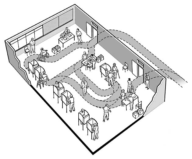 illustration of voting machines and accessible pathways inside a polling place